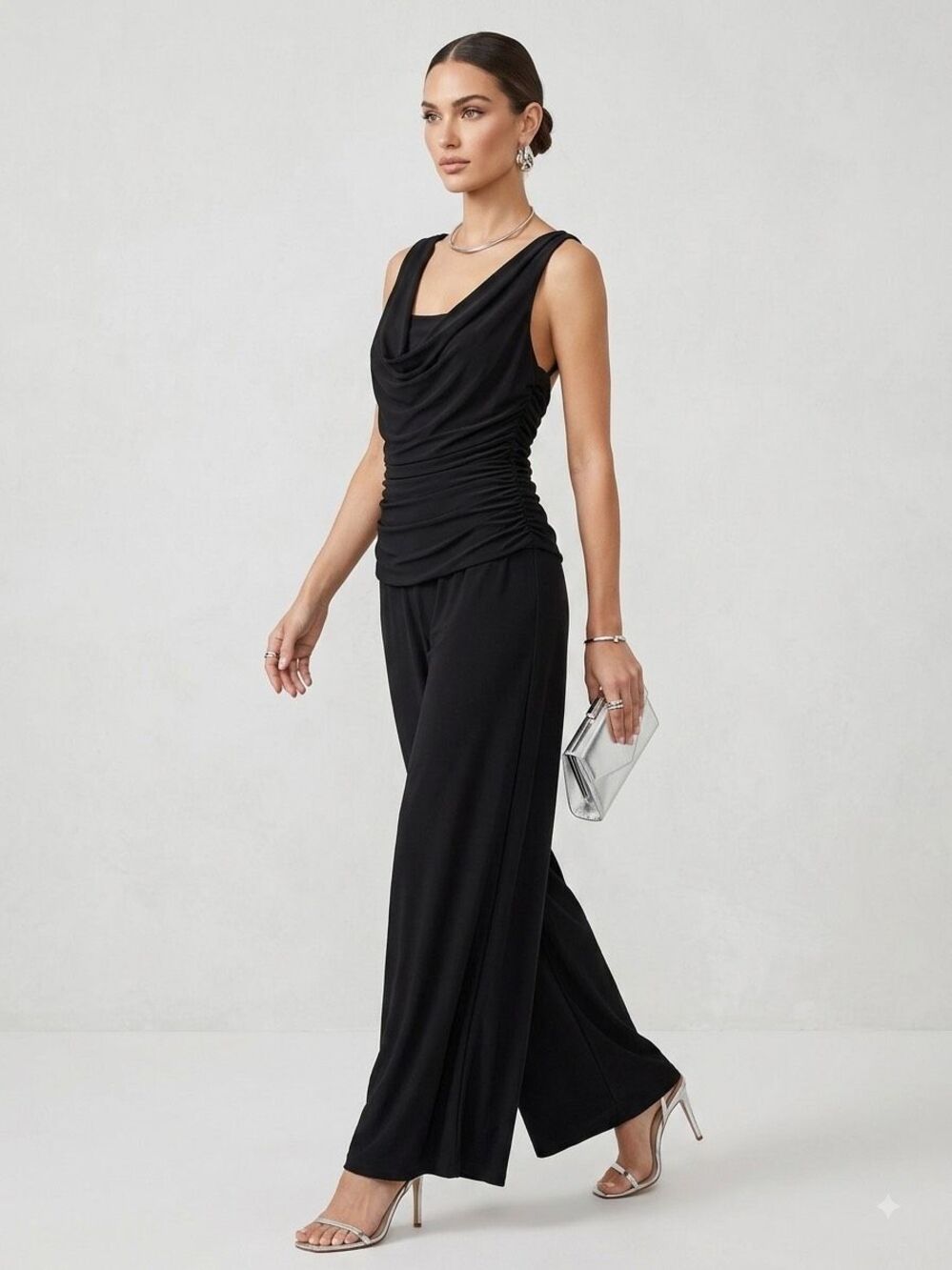 R&M Richards Black Cowl Neck Ruched Wide Leg Jumpsuit Size 8 Made in USA Evening